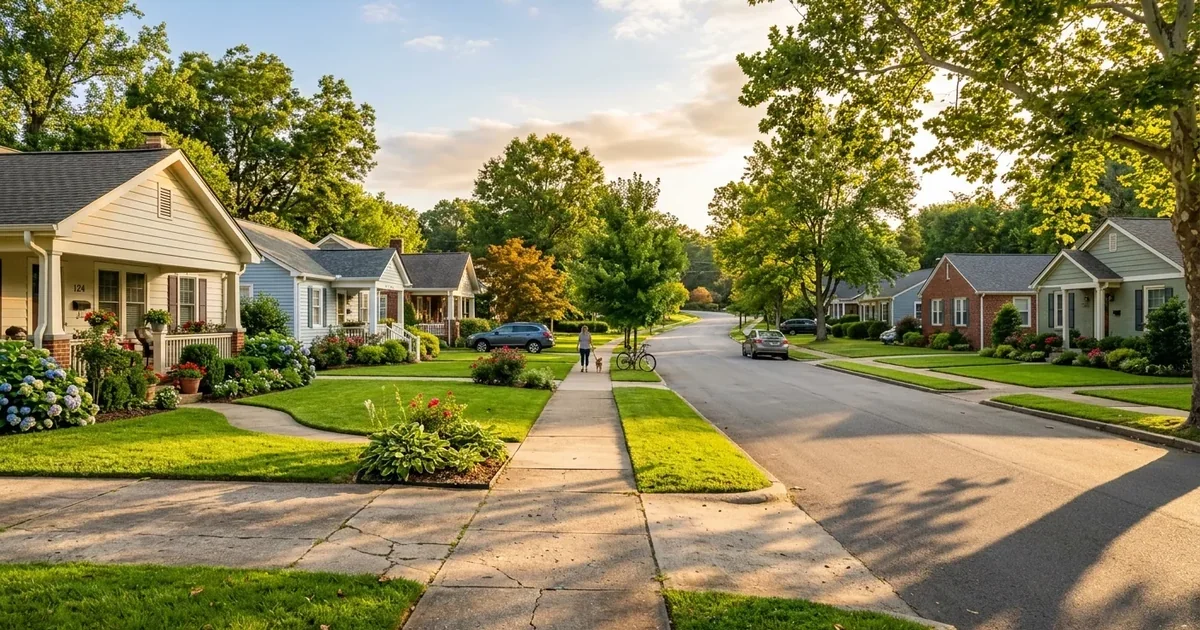 sunny residential street in a quiet New Jersey active adult community, warm and welcoming
